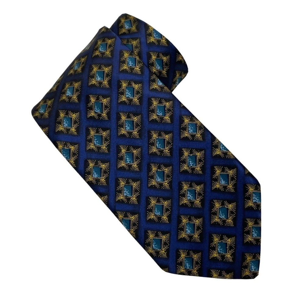 Ermenegildo Zegna Silk Tie Designer Blue Gold Geometric Medallion Italy Luxury